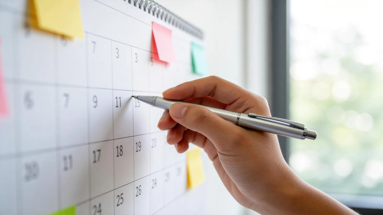 Mão marcando uma nova data em um calendário de mesa